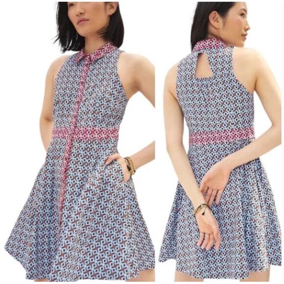 ANTHROPOLOGIE x MAEVE Buckley Geometric Shirt Mini Dress Blue Pink Sz 2 {K17} - Picture 2 of 6
